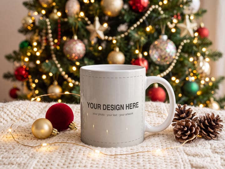 Christmas Mug Mockup PSD, White Mug by a Decorated Tree