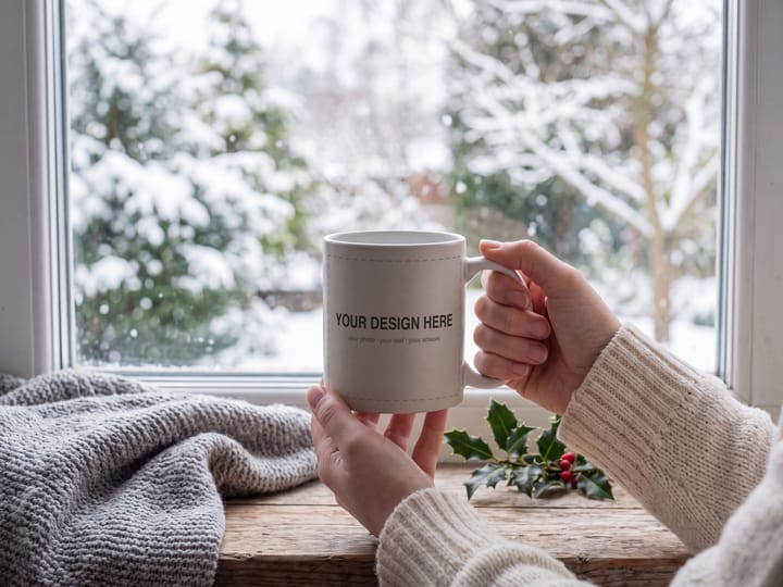 Winter Window Mug Mockup, Hands Holding Mug PSD Smart Object