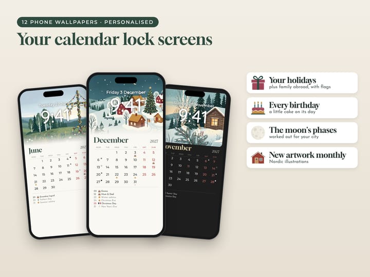 Personalised Nordic calendar lock screens, 12 phone wallpapers