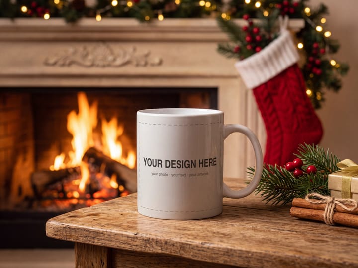 Christmas Mug Mockup PSD, White Mug by the Fireplace, Smart Object