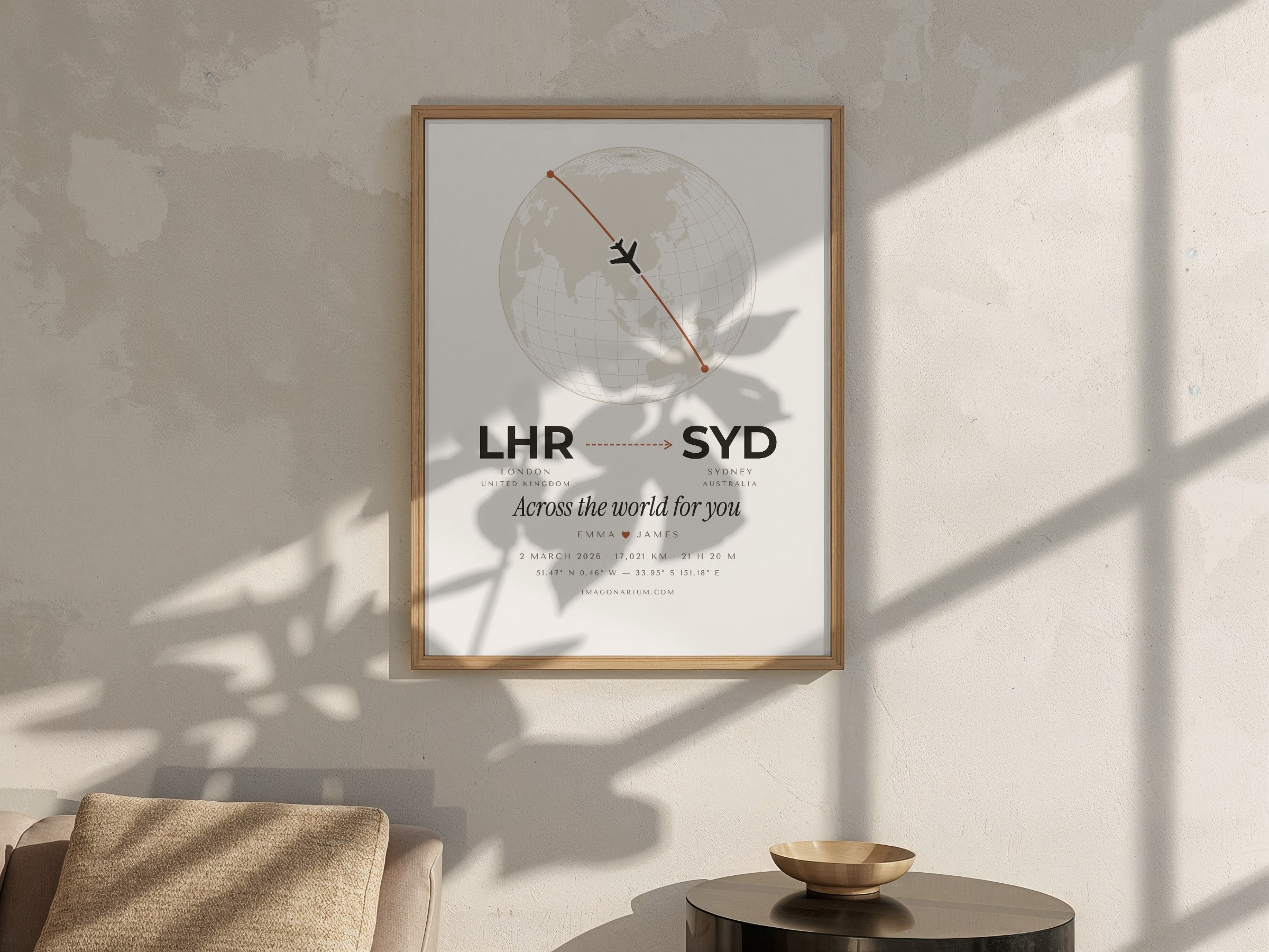 Personalised Flight Path Print — The Real Route Between Two Airports on a Globe