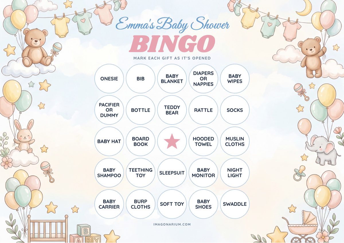 Baby Shower Bingo card, printable