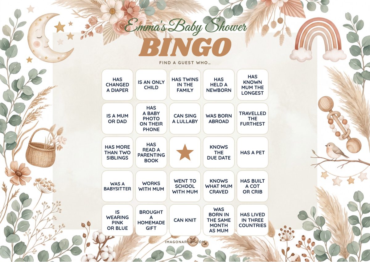 Baby Shower Find the Guest Bingo card, printable