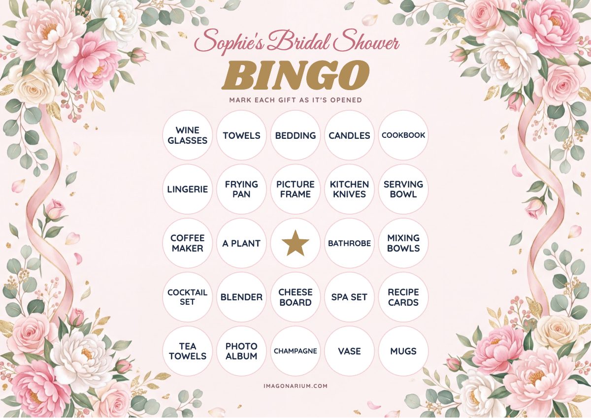 Bridal Shower Bingo card, printable