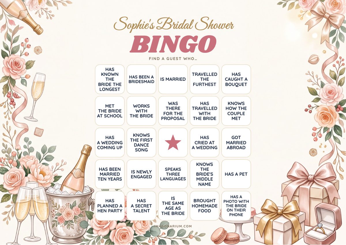 Bridal Shower Find the Guest Bingo card, printable