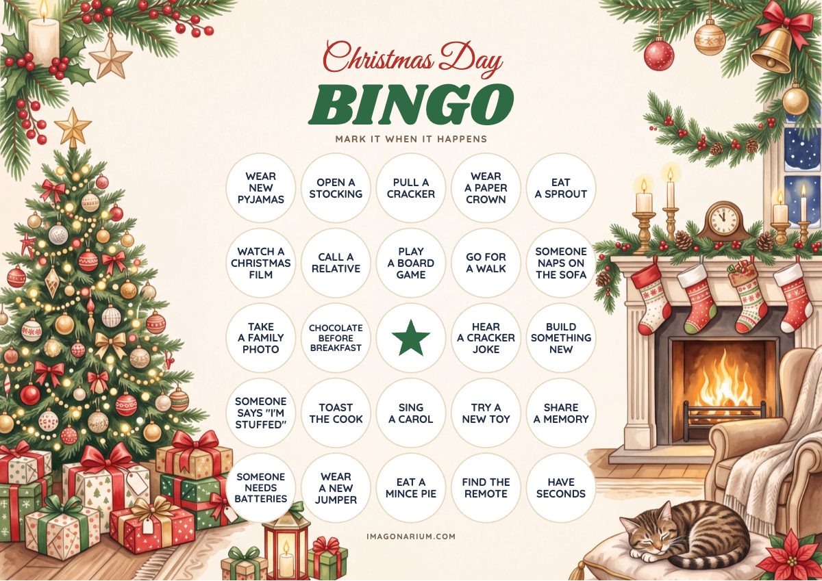 Christmas Day Family Bingo card, printable