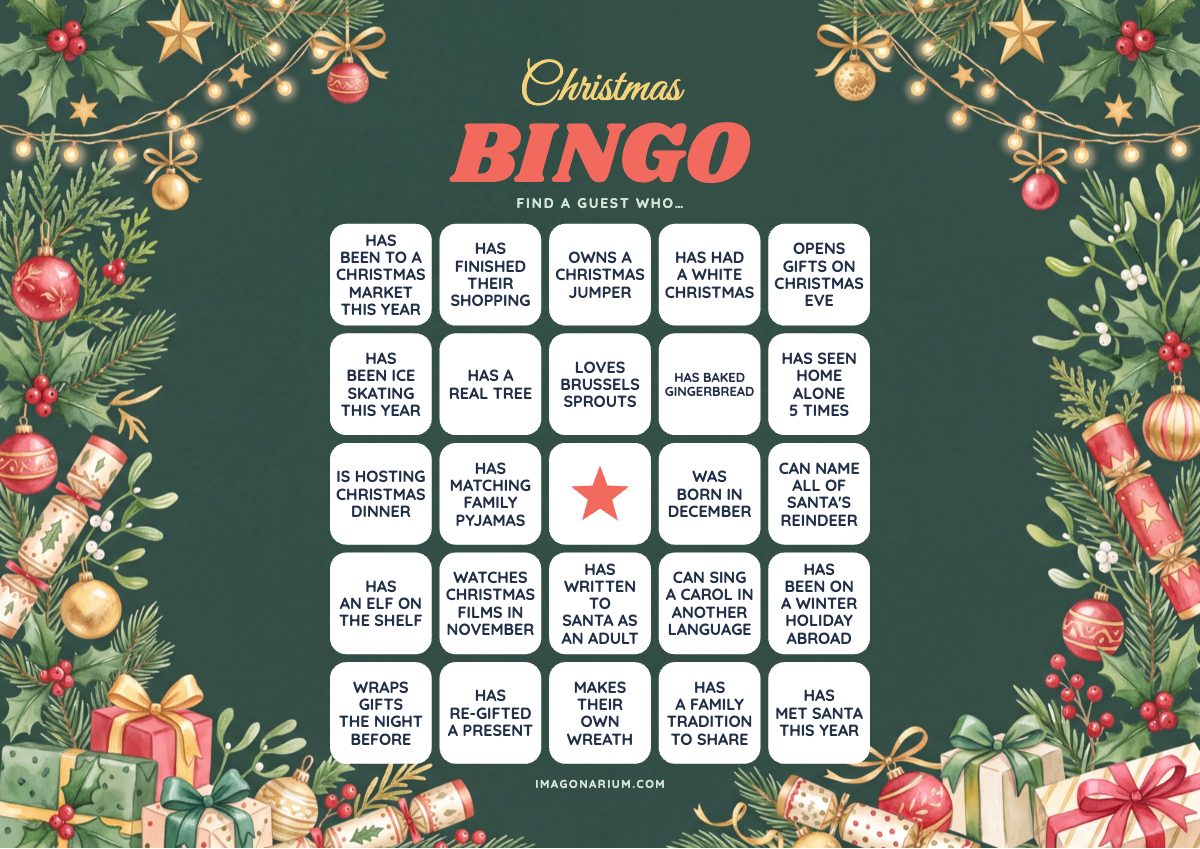 Christmas Find the Guest Bingo card, printable