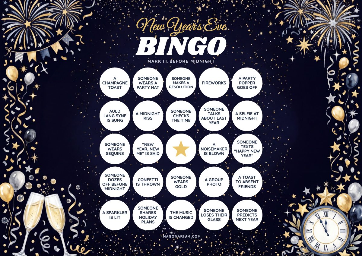New Year's Eve Bingo card, printable