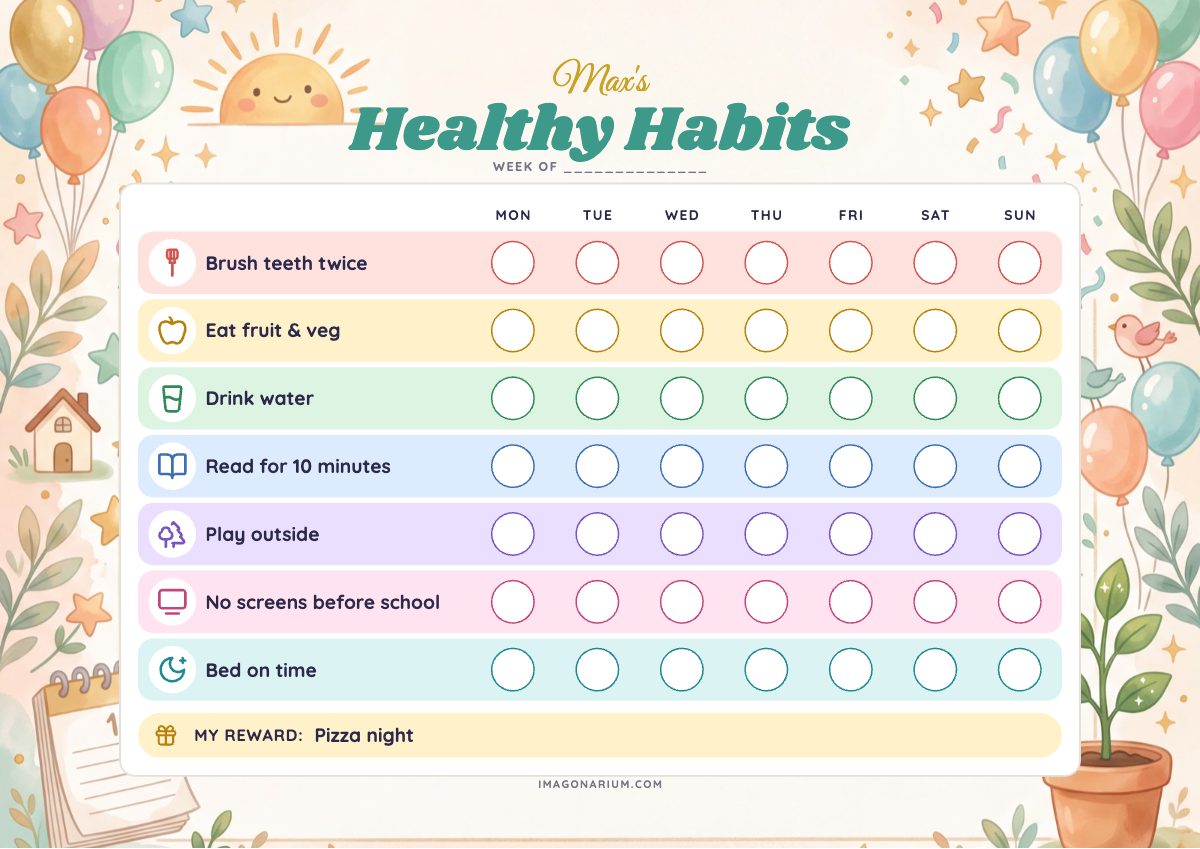 Healthy Habits Chart, printable