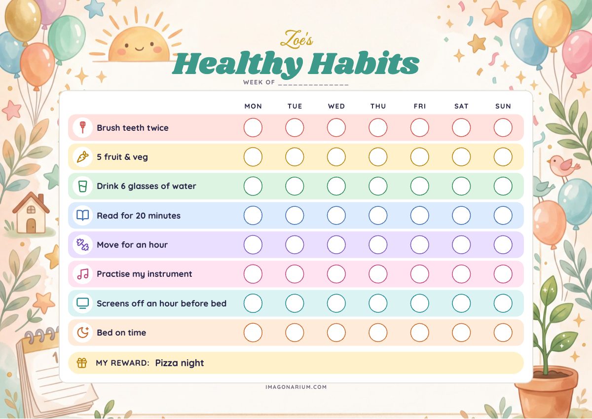 Healthy Habits Chart for Kids Ages 8–12, printable