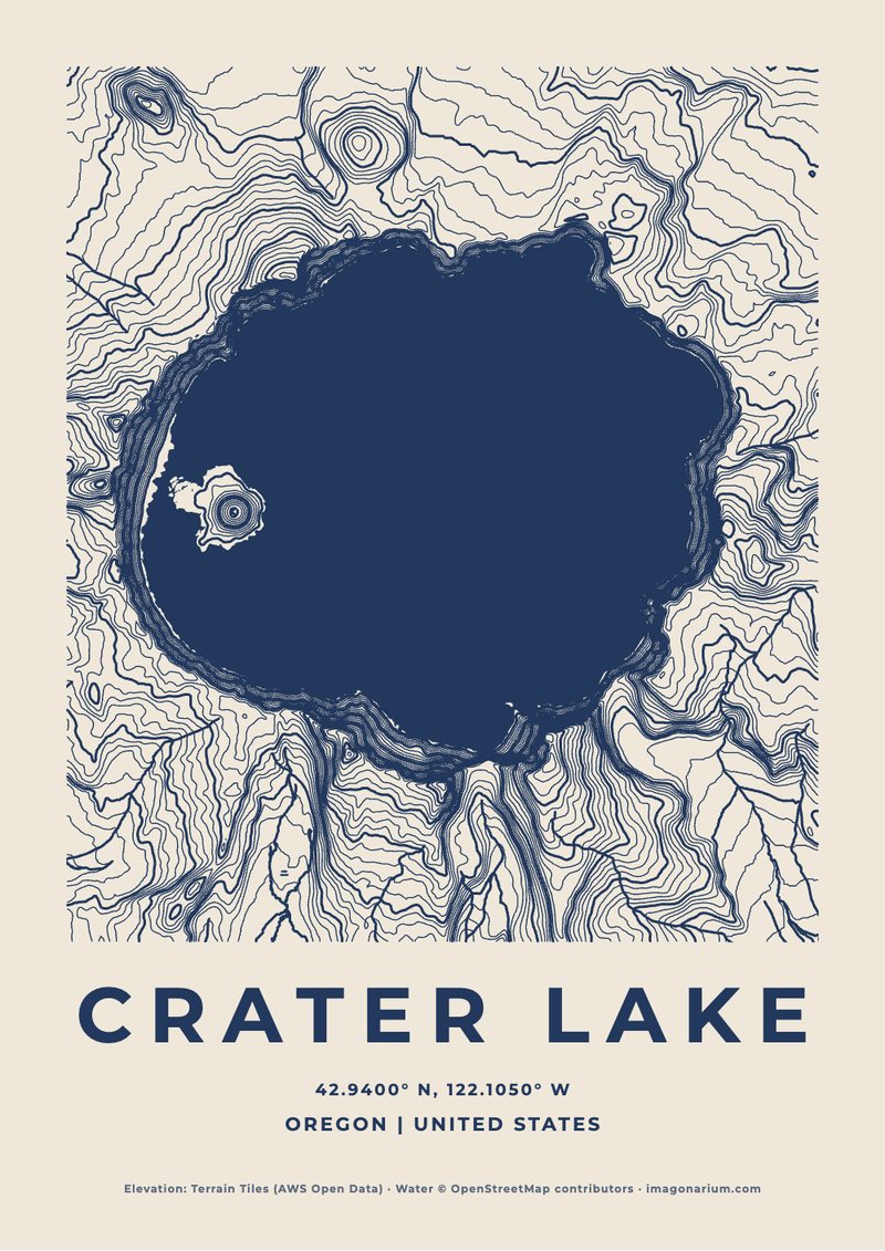 Crater Lake topographic map print