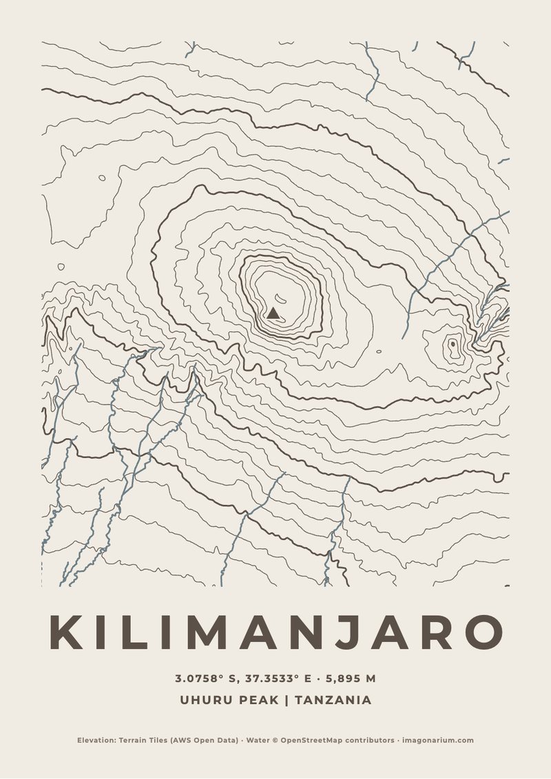 Kilimanjaro topographic map print