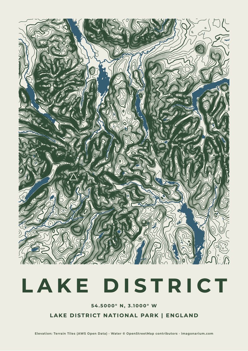 Lake District topographic map print