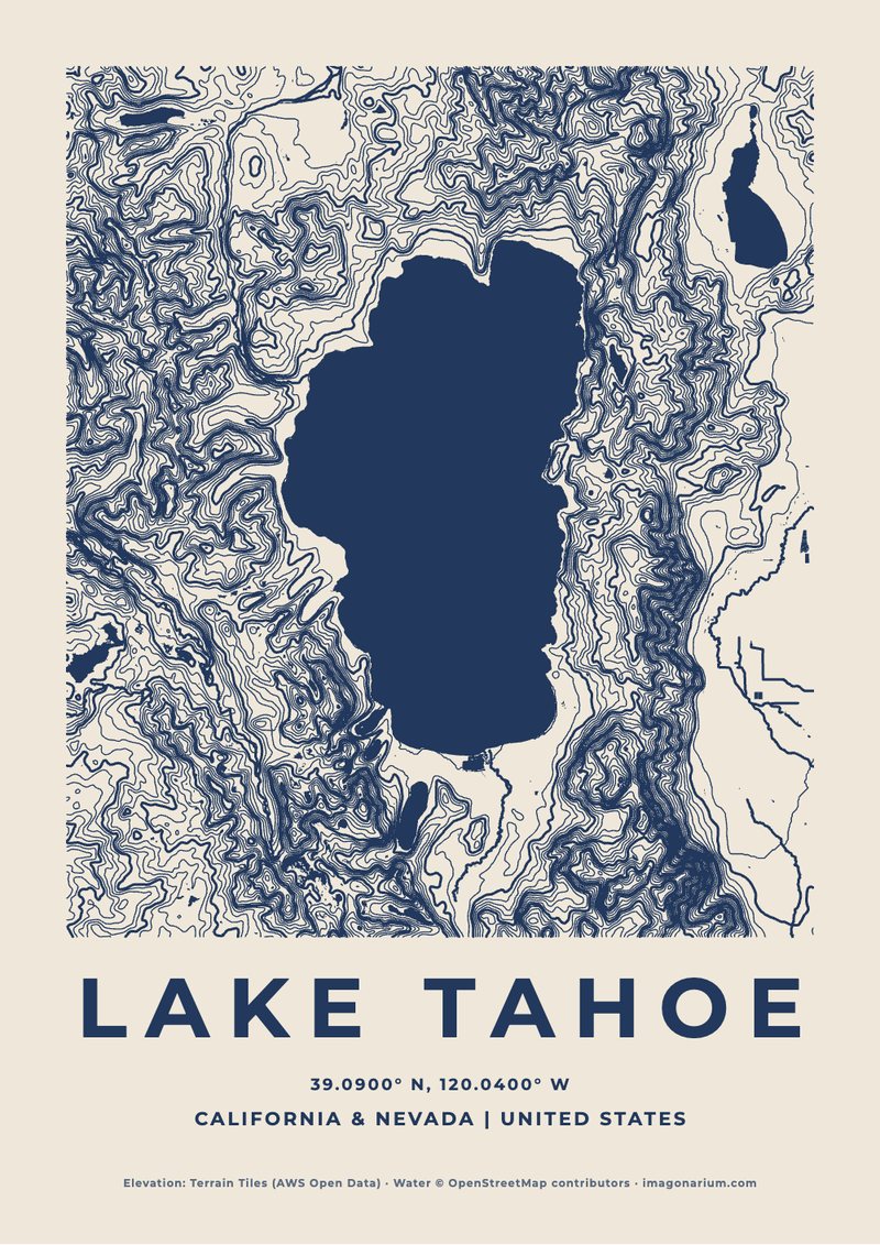 Lake Tahoe topographic map print