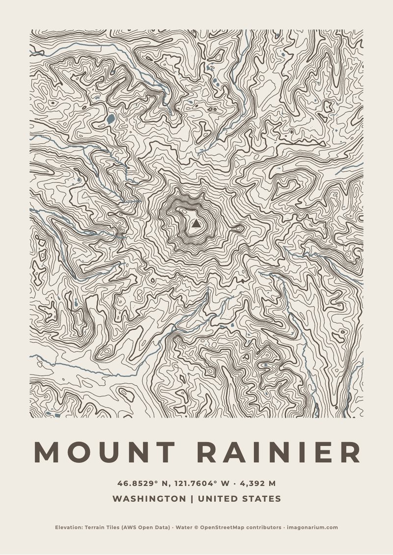 Mount Rainier topographic map print