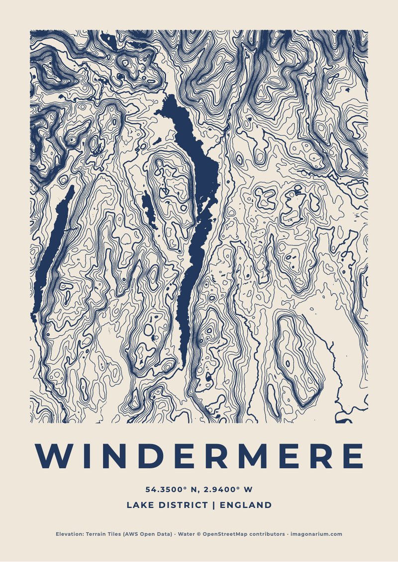 Windermere topographic map print