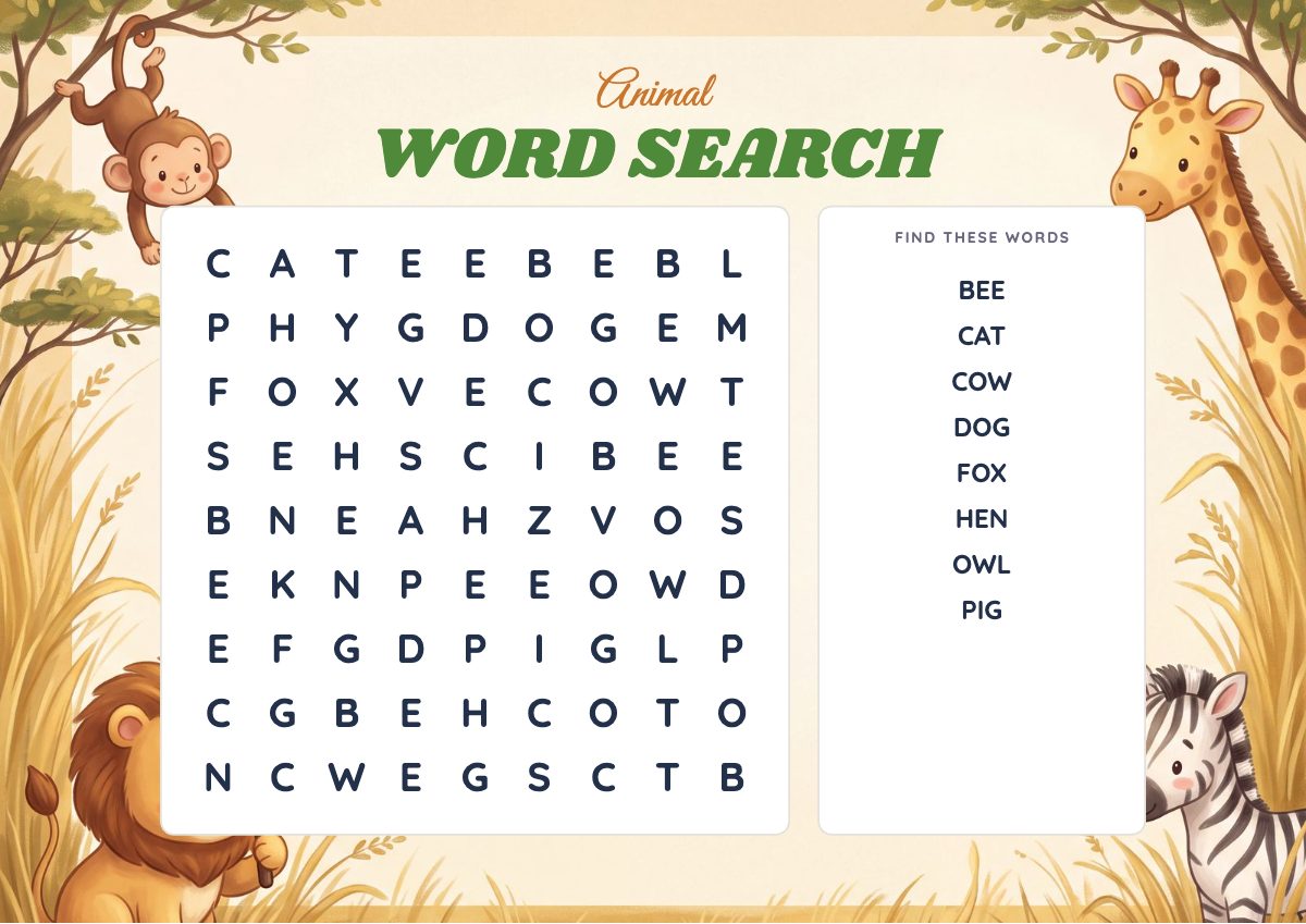 Easy Animal Word Search for kids ages 5–7, printable
