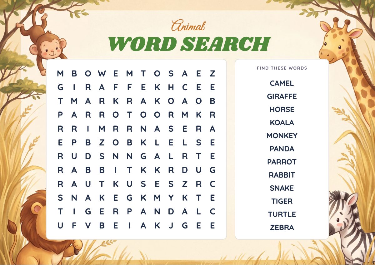 Animal Word Search puzzle