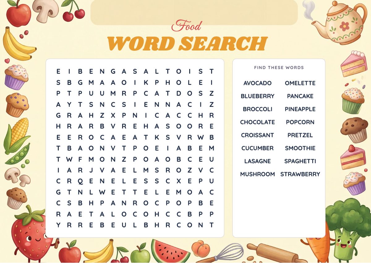 Hard Food Word Search for kids ages 11–13, printable