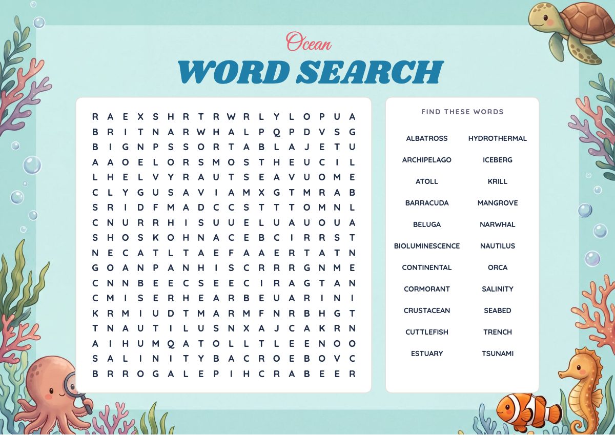 Expert Ocean Word Search for teens & adults, printable