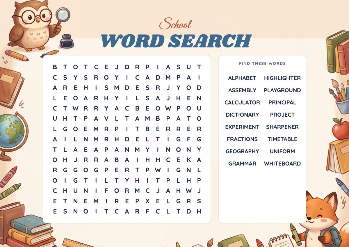 Hard School Word Search for kids ages 11–13, printable