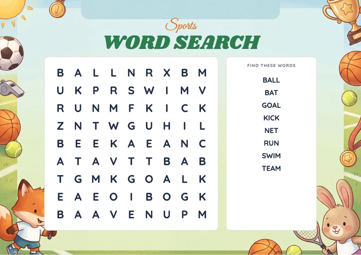 Easy Sports Word Search for kids ages 5–7, printable