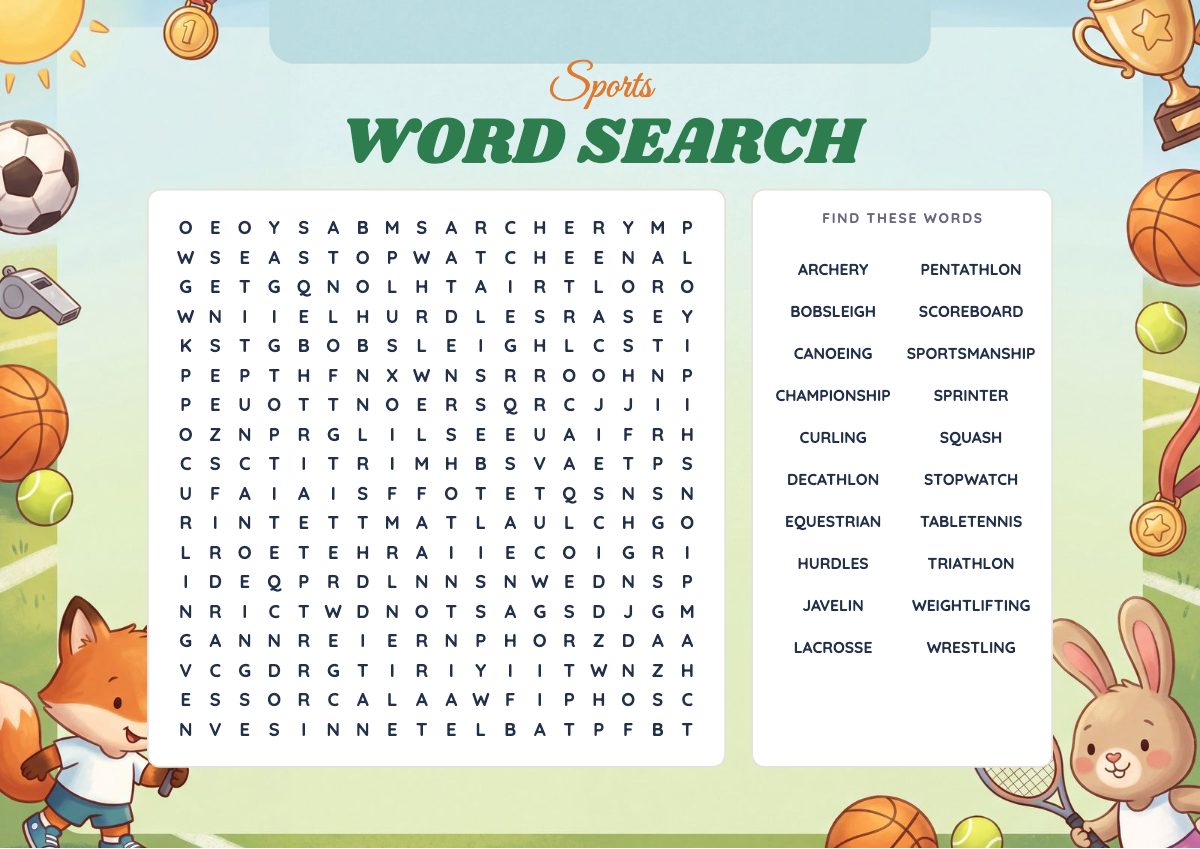 Expert Sports Word Search for teens & adults, printable