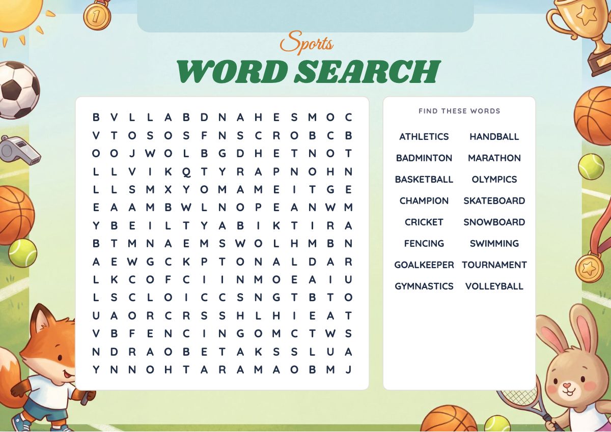 Hard Sports Word Search for kids ages 11–13, printable