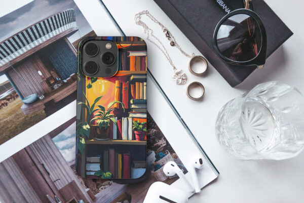 snap i14Pro real photo mockups p2 bookshelf in a cosy room