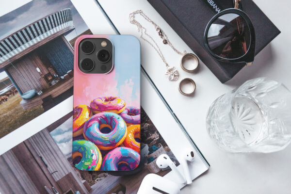 snap i14Pro real photo mockups p2 colorful donats oil painting style