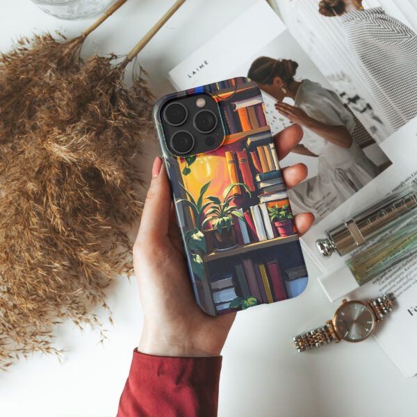 snap i14Pro real photo mockups p3 bookshelf in a cosy room